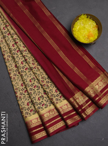 Semi mysore silk saree beige and deep maroon with allover prints and zari woven border