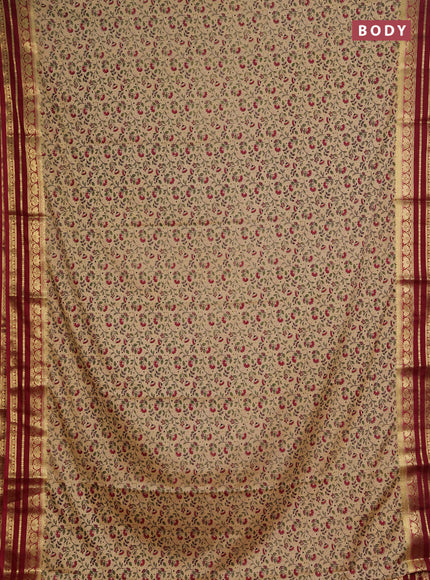 Semi mysore silk saree beige and deep maroon with allover prints and zari woven border