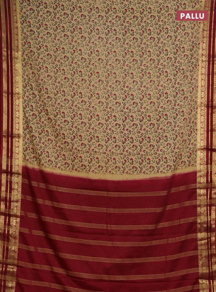 Semi mysore silk saree beige and deep maroon with allover prints and zari woven border