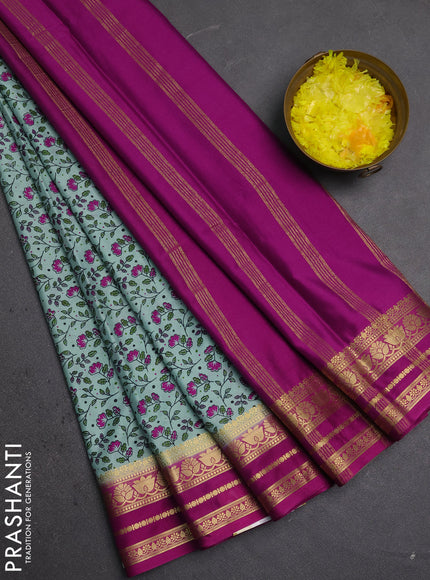 Semi mysore silk saree pastel green and pink with allover prints and zari woven border