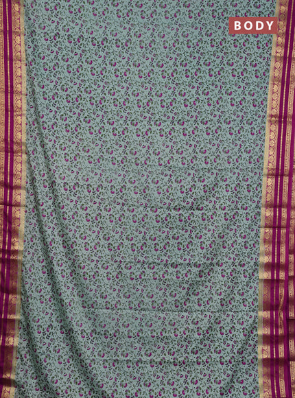 Semi mysore silk saree pastel green and pink with allover prints and zari woven border
