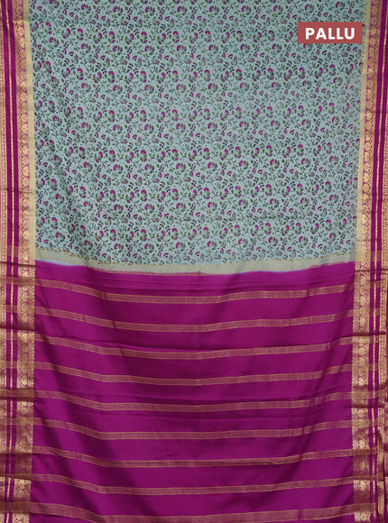 Semi mysore silk saree pastel green and pink with allover prints and zari woven border