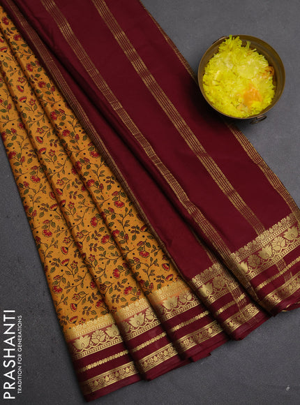Semi mysore silk saree mustard yellow and deep maroon with allover prints and zari woven border
