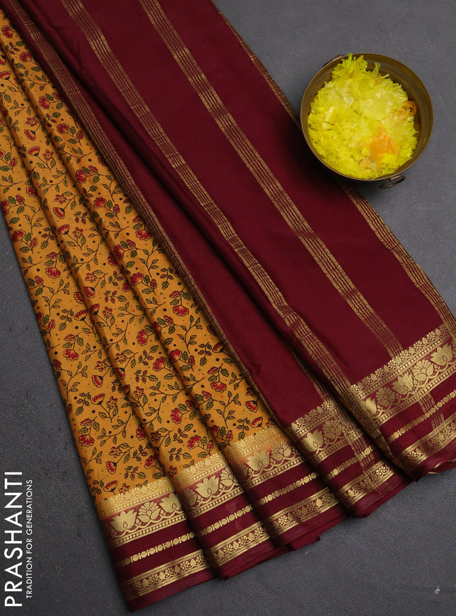 Semi mysore silk saree mustard yellow and deep maroon with allover prints and zari woven border