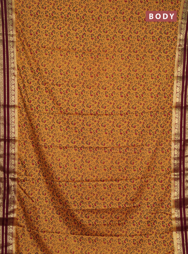 Semi mysore silk saree mustard yellow and deep maroon with allover prints and zari woven border
