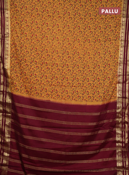 Semi mysore silk saree mustard yellow and deep maroon with allover prints and zari woven border
