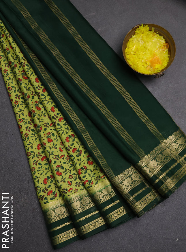 Semi mysore silk saree lime green and green with allover prints and zari woven border