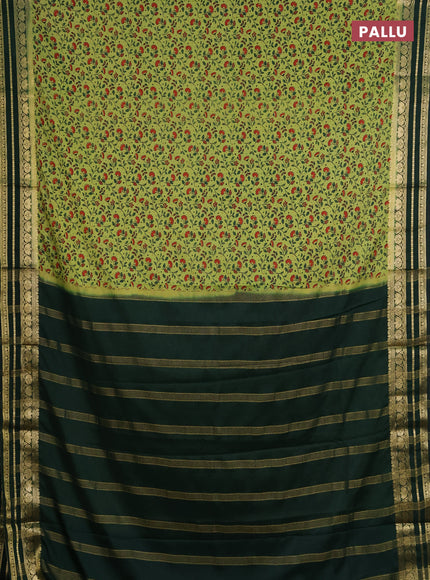 Semi mysore silk saree lime green and green with allover prints and zari woven border