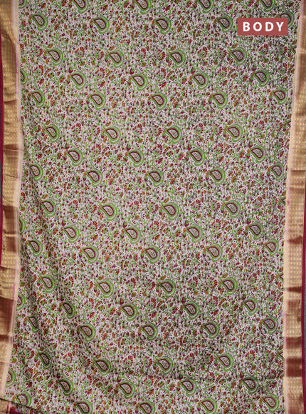Semi mysore silk saree cream and deep maroon with allover prints and small zari woven border