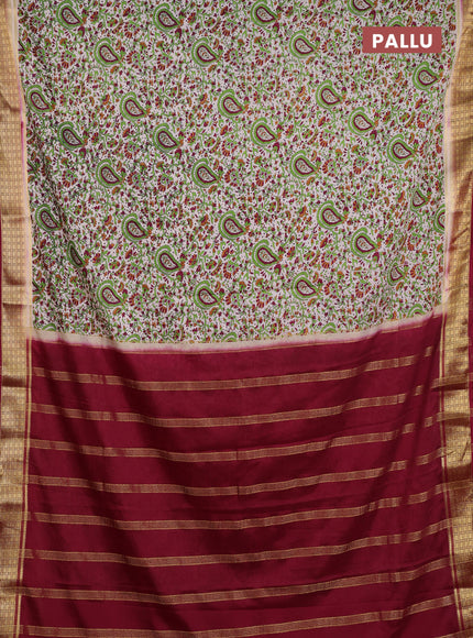 Semi mysore silk saree cream and deep maroon with allover prints and small zari woven border
