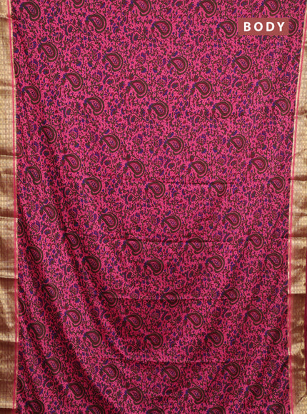 Semi mysore silk saree peach pink and maroon with allover prints and small zari woven border