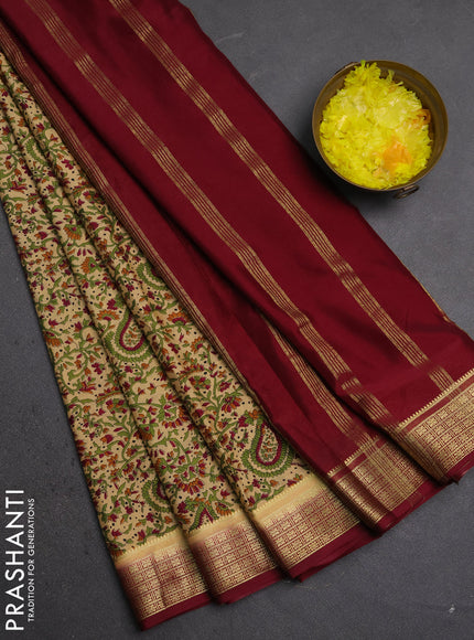 Semi mysore silk saree beige and maroon with allover prints and small zari woven border