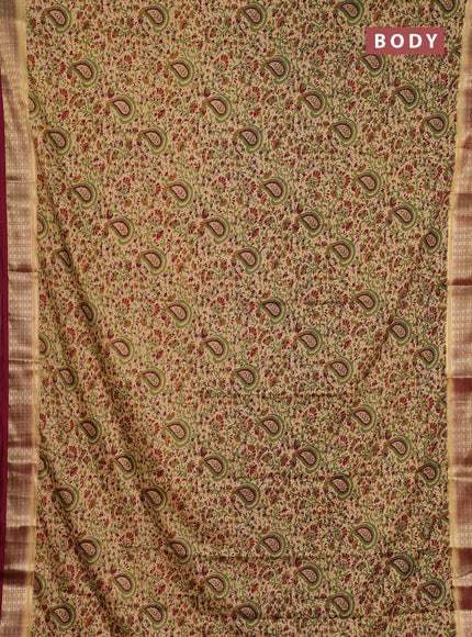 Semi mysore silk saree beige and maroon with allover prints and small zari woven border