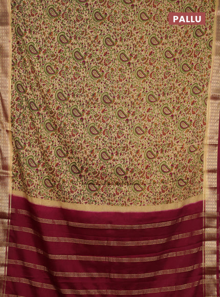 Semi mysore silk saree beige and maroon with allover prints and small zari woven border