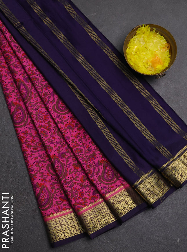 Semi mysore silk saree peach pink and violet with allover prints and small zari woven border