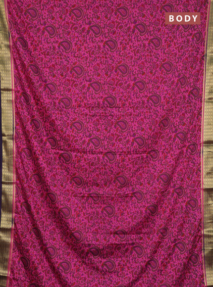 Semi mysore silk saree peach pink and violet with allover prints and small zari woven border
