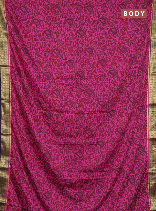 Semi mysore silk saree peach pink and violet with allover prints and small zari woven border