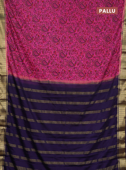 Semi mysore silk saree peach pink and violet with allover prints and small zari woven border