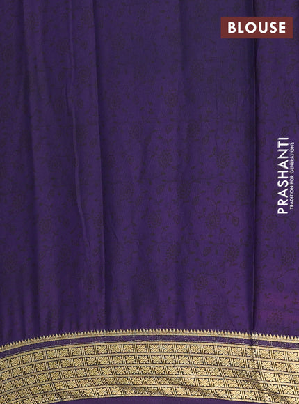 Semi mysore silk saree peach pink and violet with allover prints and small zari woven border
