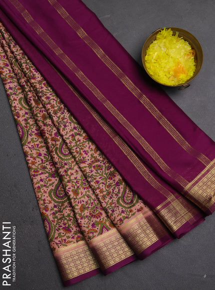 Semi mysore silk saree pastel pink and purple with allover prints and small zari woven border
