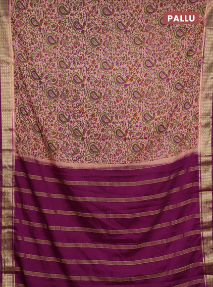 Semi mysore silk saree pastel pink and purple with allover prints and small zari woven border