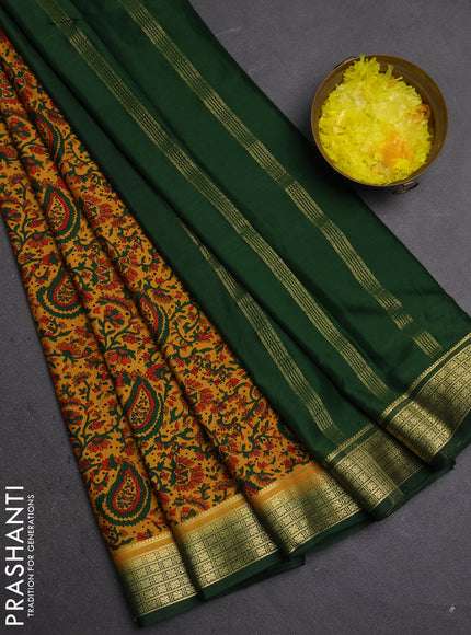Semi mysore silk saree mustard yellow and green with allover prints and small zari woven border