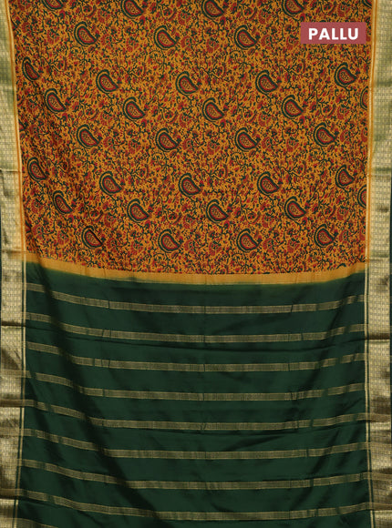 Semi mysore silk saree mustard yellow and green with allover prints and small zari woven border