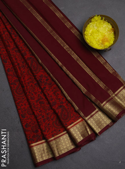 Semi mysore silk saree red and deep maroon with allover prints and small zari woven border