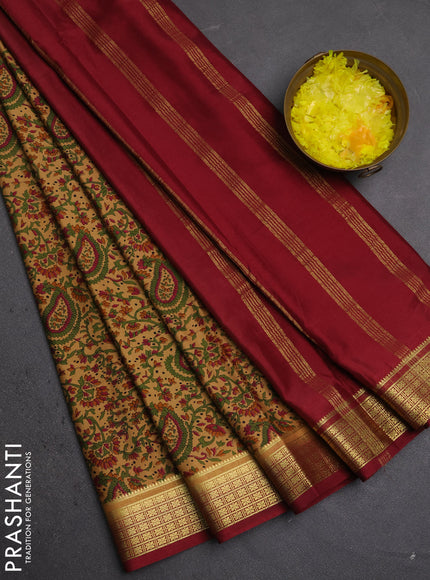 Semi mysore silk saree sandal and maroon with allover prints and small zari woven border