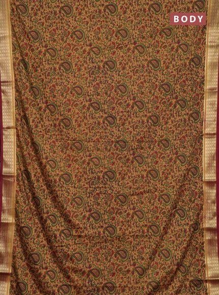 Semi mysore silk saree sandal and maroon with allover prints and small zari woven border