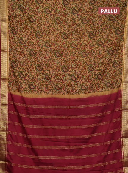 Semi mysore silk saree sandal and maroon with allover prints and small zari woven border