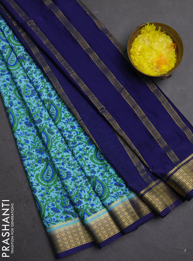 Semi mysore silk saree teal blue and blue with allover prints and small zari woven border