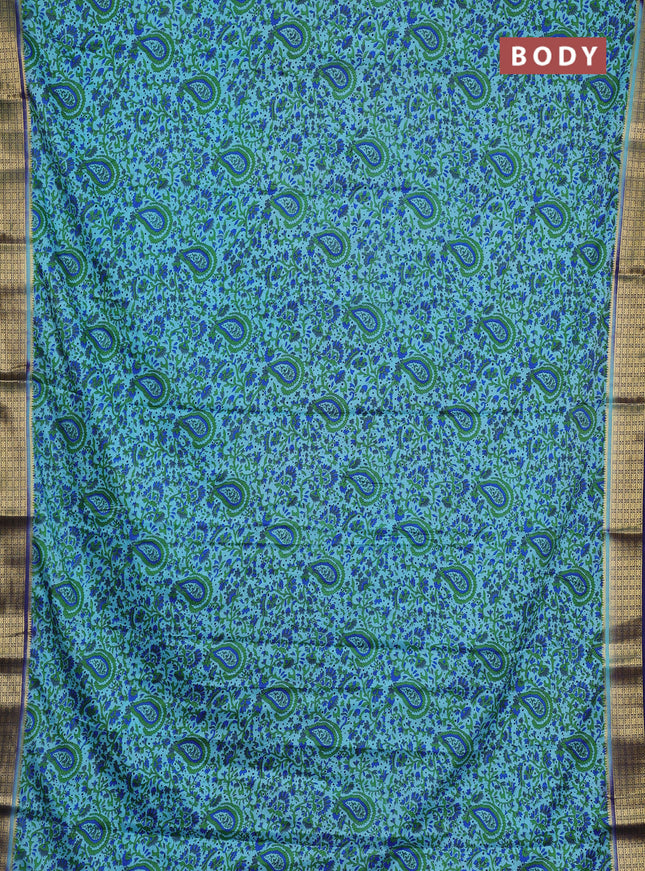 Semi mysore silk saree teal blue and blue with allover prints and small zari woven border