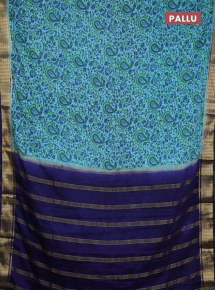 Semi mysore silk saree teal blue and blue with allover prints and small zari woven border