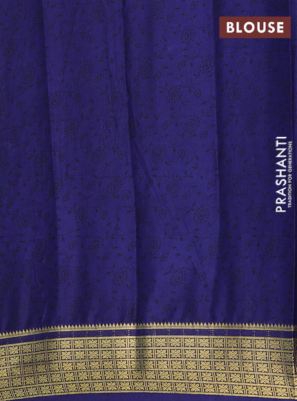 Semi mysore silk saree teal blue and blue with allover prints and small zari woven border