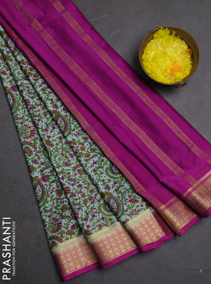Semi mysore silk saree pastel green and pink with allover prints and small zari woven border