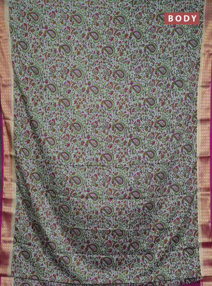 Semi mysore silk saree pastel green and pink with allover prints and small zari woven border