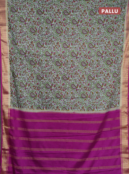 Semi mysore silk saree pastel green and pink with allover prints and small zari woven border