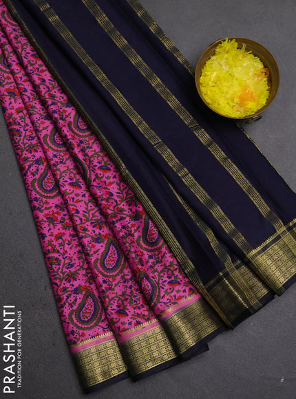 Semi mysore silk saree peach pink and black with allover prints and small zari woven border