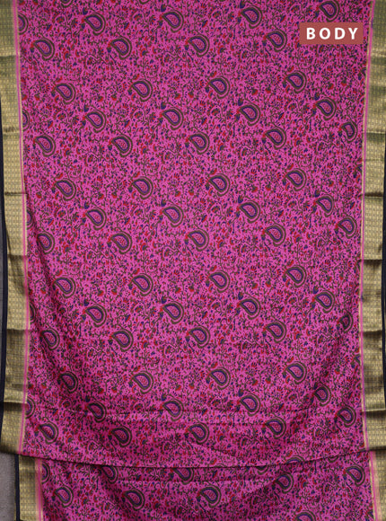 Semi mysore silk saree peach pink and black with allover prints and small zari woven border