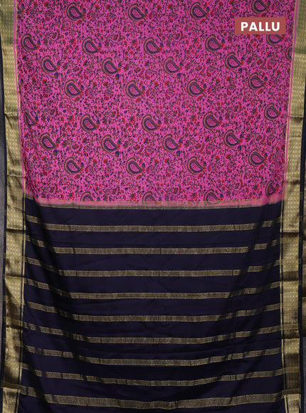 Semi mysore silk saree peach pink and black with allover prints and small zari woven border