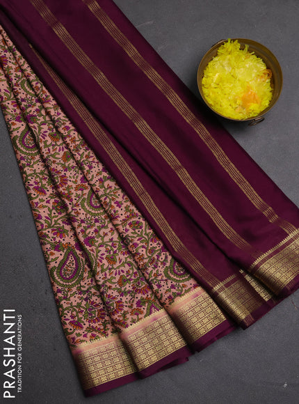 Semi mysore silk saree peach shade and deep purple with allover prints and small zari woven border