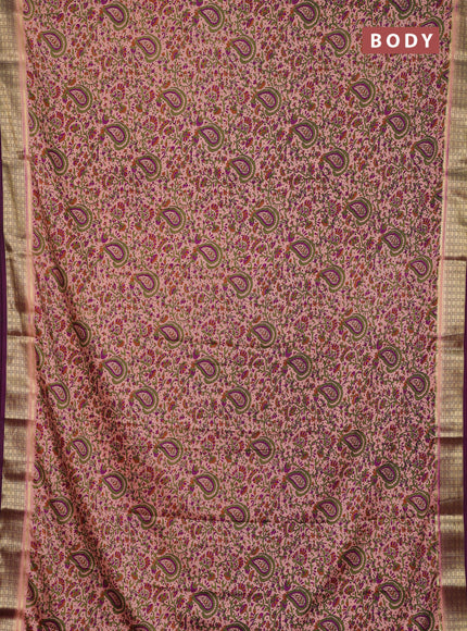 Semi mysore silk saree peach shade and deep purple with allover prints and small zari woven border