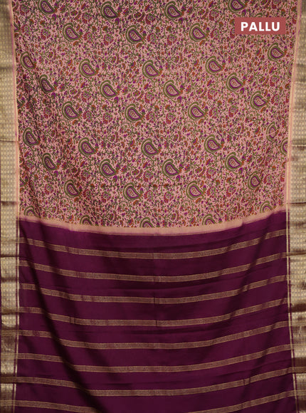 Semi mysore silk saree peach shade and deep purple with allover prints and small zari woven border