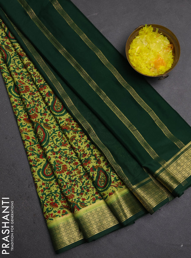 Semi mysore silk saree lime green and green with allover prints and small zari woven border