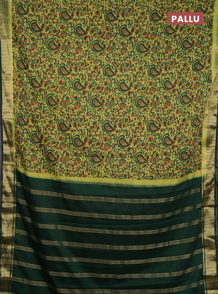 Semi mysore silk saree lime green and green with allover prints and small zari woven border