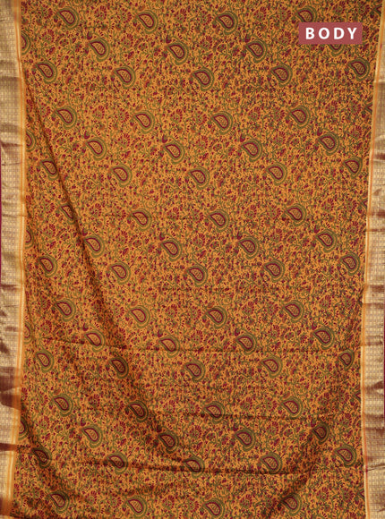 Semi mysore silk saree sandal and deep maroon with allover prints and small zari woven border