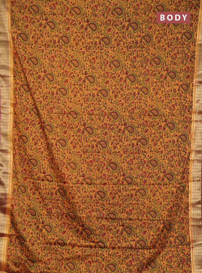 Semi mysore silk saree sandal and deep maroon with allover prints and small zari woven border