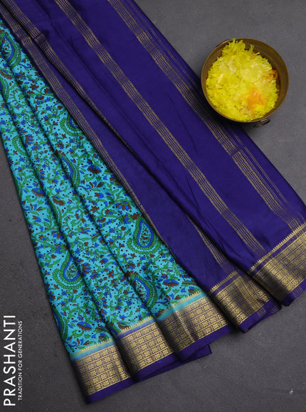Semi mysore silk saree teal blue and blue with allover prints and small zari woven border