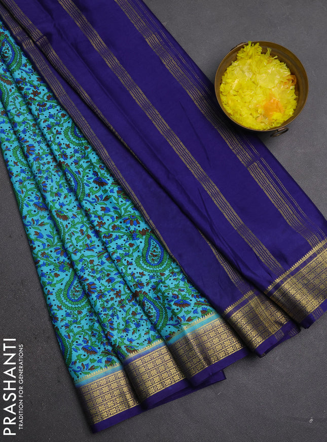 Semi mysore silk saree teal blue and blue with allover prints and small zari woven border
